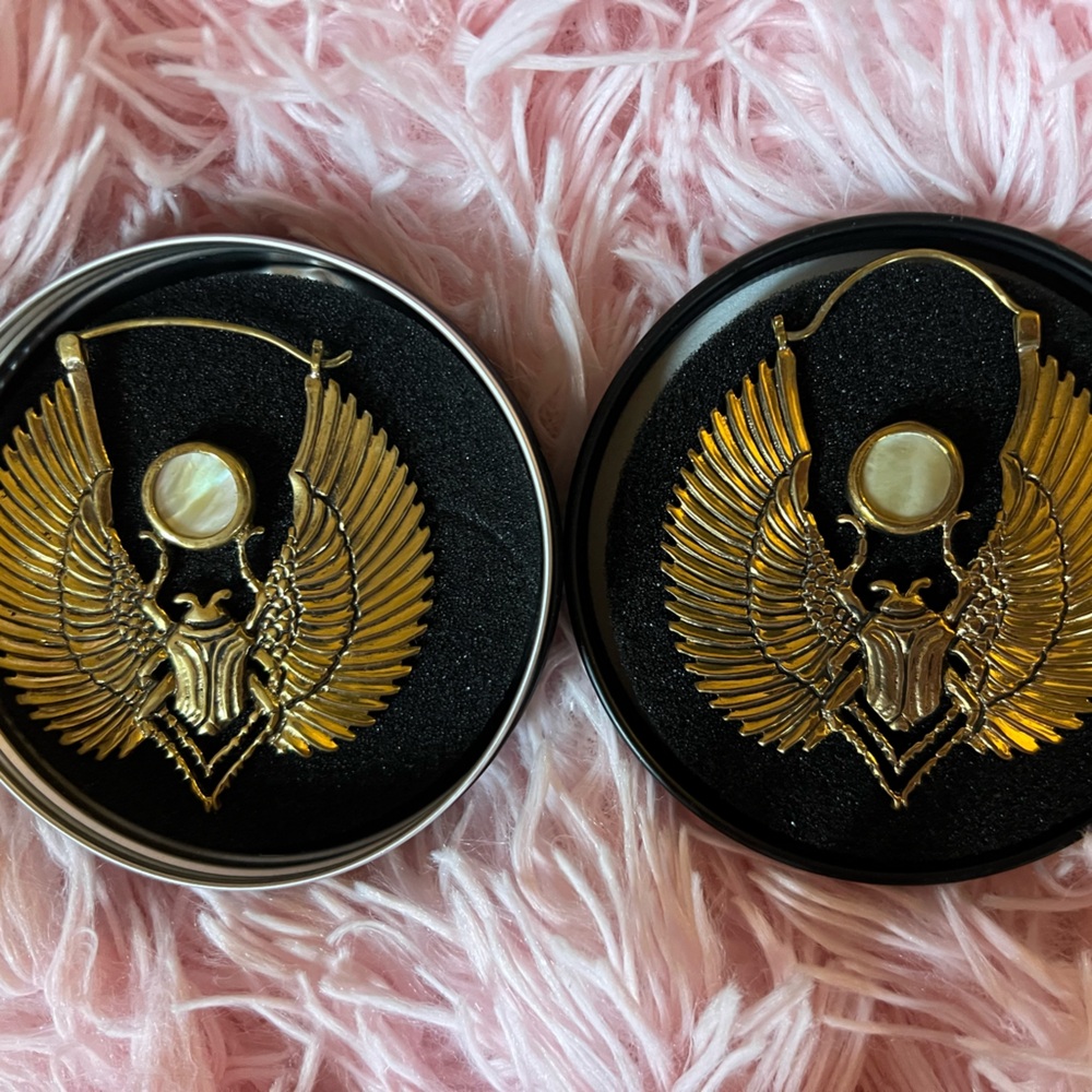 Brass winged scarab earrings